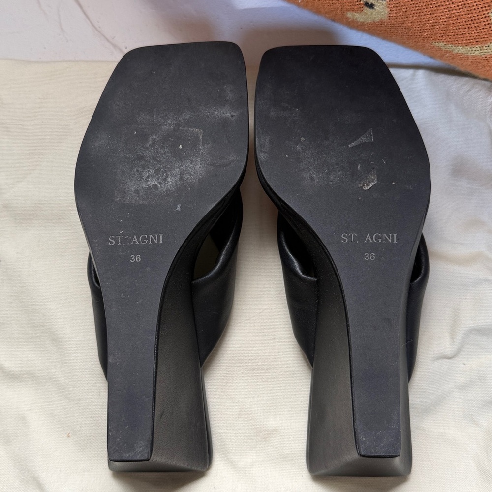 St. Agni Black Leather Square-Toe Thong Mules - Picture 4 of 4